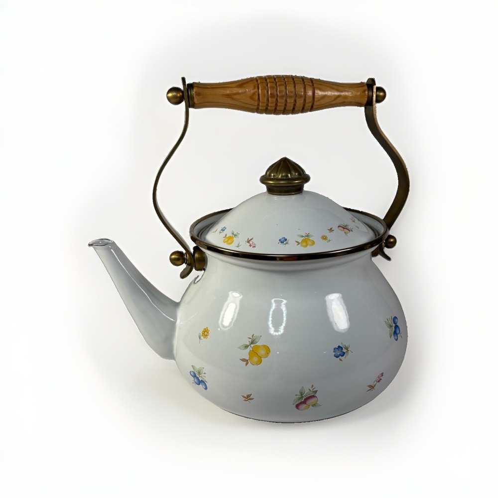 Vintage Enamel Tea Kettle Floral Fruit Teapot Brass Wood Handle MCM Farmhouse